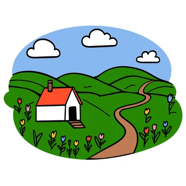A picturesque countryside scene featuring a traditional farmhouse with a red roof and white walls surrounded by sprawling green fields. The farmhouse has a small porch with wooden steps leading up to the entrance. In the foreground, there are wildflowers blooming in various colors, creating a vibrant contrast against the lush grass. A winding dirt path leads from the farmhouse through the fields, where golden wheat sways gently in the breeze. In the background, gentle hills rise under a clear blue sky, dotted with fluffy white clouds.