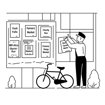 A mailman wearing a uniform with a cap is standing outside a post office. He is attaching flyers to a large, wooden community board that features a variety of announcements. The board is filled with notices about local events, including a fair, a charity run, and a farmers' market. The post office has brick walls and large windows, with a few trees and a sidewalk in the foreground. The mailman is focused on his task, using a thumbtack to secure the flyers. A bicycle parked nearby indicates his mode of transportation.