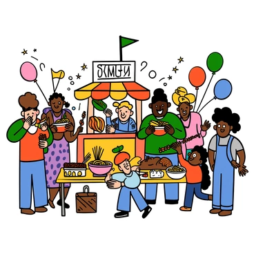 A bustling street food festival with a variety of colorful stalls offering dishes from around the world. People of diverse backgrounds are gathered, excitedly tasting different foods. A woman with light skin and big eyes is holding a bowl of spicy noodles, while a man with dark skin and big eyes is enjoying a taco. Nearby, a child with curly hair is reaching for a skewer of grilled meat. Balloons and flags add vibrant colors to the scene, and the aroma of food fills the air. Tables are set up where people are sharing dishes and laughing together.