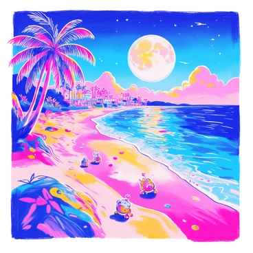 A futuristic beach with glowing sand and a neon ocean reflecting a digital moon