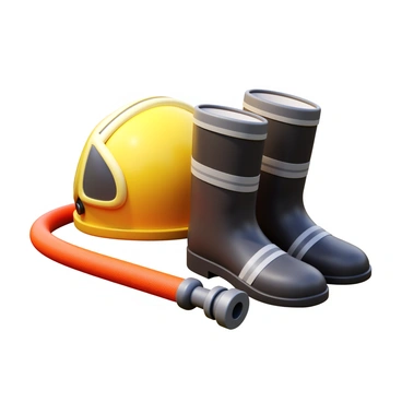 A close-up view of a set of firefighting gear. The image features a shiny yellow helmet with a black visor, positioned slightly tilted. Next to the helmet, there are sturdy black firefighting boots with thick soles and reflective strips. A coiled orange fire hose with a textured surface lies beside the boots, showing its detailed connectors and fittings. The background is softly blurred to emphasize the gear.