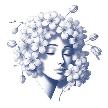 A face partially obscured by an explosion of blooming flowers. The flowers are richly detailed, showcasing various petals and textures. The face has a calm expression, with eyes gently closed, suggesting tranquility. The arrangement of flowers surrounds the face, creating a natural frame. Delicate tendrils and leaves weave around the features, enhancing the organic feel of the scene. The composition draws attention to the harmony between the face and the vibrant floral display.