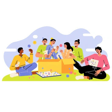 Nami and her friends playing games outside with an illustrated box filled with fun activities.