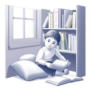 A baby girl is sitting in a cozy nook, surrounded by a collection of children's books stacked on shelves. The nook features soft blankets and plush cushions creating a comfortable seating area. The baby girl has a curious expression on her face as she looks at the colorful book covers around her. Sunlight filters through a nearby window, casting gentle shadows and illuminating the space. Her hands are reaching towards a book, eager to explore the stories within.