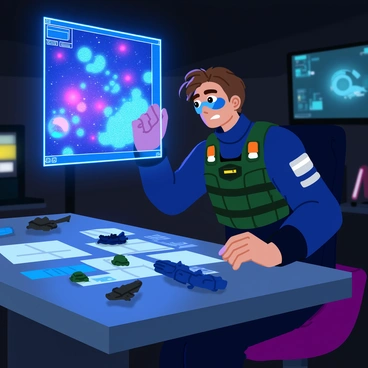 A mercenary dressed in tactical gear, with a determined expression, is studying a "glowing galaxy map" displayed on a futuristic holographic interface. The map showcases various star systems, planets, and colorful nebulae, illuminated in vivid blues, purples, and greens. The mercenary has short, tousled hair and a visor reflecting the light from the map. A sleek, metallic table is in front of them, cluttered with small models of spaceships and tactical tools. In the background, the dimly lit room is filled with high-tech gadgets and screens, adding to the atmosphere of planning and strategy.
