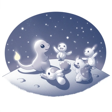 A Charmander is lying on a grassy hill, its tail flame flickering gently. Surrounding the Charmander are several Pokémon friends, including a Squirtle and a Pikachu, all gazing up at the night sky. The Charmander is using one of its hands to point towards the stars, illustrating various constellations. The background features a vast expanse of stars twinkling against the dark sky, creating a sense of wonder and companionship among the group. The hill has a gentle slope, with small patches of grass and rocks scattered around, enhancing the natural setting.