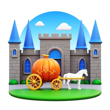 A "Cinderella-style pumpkin carriage" with intricate carvings and a glossy orange finish sits prominently in front of a "castle-like venue" adorned with tall spires and stone walls. The carriage has "golden accents" highlighting its elegant design. "Two white horses" harnessed to the carriage stand patiently, their manes flowing softly in the breeze. The background features the castle's large, arched windows and a grand entrance, under a clear blue sky dotted with fluffy white clouds. The scene is set on a manicured lawn with lush green grass surrounding the carriage and castle.
