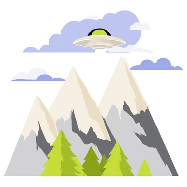 A UFO with a metallic, disc-shaped body is emerging from fluffy white clouds. The clouds are billowing and illuminated by soft sunlight breaking through. Below, there is a mystical mountain range with jagged peaks that are covered in lush green forests. The mountains have a hint of mist swirling around their bases, adding an air of mystery. The sky is a vibrant blue, contrasting with the grey and white of the clouds. The scene captures the moment of the UFO's arrival, hovering just above the mountaintops.