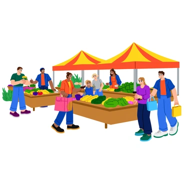 A farmers' market bustling with activity. Colorful fruits and vegetables are displayed on wooden tables, showcasing bright red tomatoes, yellow corn, green bell peppers, and purple eggplants. Vendors are cheerfully interacting with customers, some handing over bags filled with fresh produce. Families are walking around, with children happily pointing at items. Tents with bright patterns provide shade, and baskets filled with fresh herbs and flowers are scattered throughout the market. The scene is lively and filled with a sense of community and enjoyment.