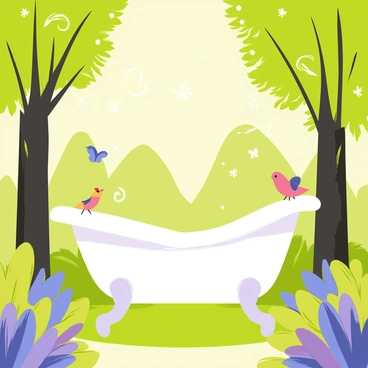 A white clawfoot bathtub is positioned in the center of a mystical forest clearing. Surrounding the bathtub are tall, lush trees with green leaves and vibrant, glowing flowers in shades of blue and purple. Soft, dappled sunlight filters through the tree branches, casting playful shadows on the ground. Delicate wisps of mist weave around the bathtub, adding an ethereal quality to the scene. Small, colorful birds perch on the bathtub's edge, while butterflies flutter nearby, enhancing the enchanting atmosphere of the forest clearing.