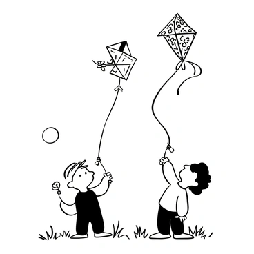 Calvin and Hobbes standing in a grassy field, each gripping a kite string tightly. They are looking up at colorful kites soaring high above them. The kites have various shapes, such as a diamond and a dragon, with intricate patterns on their surfaces. A gentle breeze is indicated by the way the kites flutter in the air, creating a sense of movement. The sun is shining in the background, casting soft shadows on the ground.