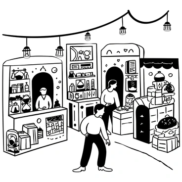 A bustling market scene with multiple stalls, each displaying various enchanted items and curious artifacts. One stall is adorned with shimmering trinkets and potions in glass bottles, while another features intricate, ancient scrolls and books stacked high. A vendor stands behind a counter filled with glowing crystals and mystical globes. Patrons move between the stalls, examining the unique merchandise. Hanging lanterns above cast shadows across the cobblestone ground, adding to the vibrant atmosphere of the market.