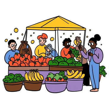 A vibrant local market filled with various stalls displaying colorful produce. There are baskets overflowing with bright red tomatoes, green leafy vegetables, and yellow bananas. Shoppers of different ethnicities, including a light-skinned woman with big eyes holding a bag, and a dark-skinned man with big eyes examining a bunch of grapes, are seen interacting. The scene is lively with people chatting and enjoying their shopping experience. Sunlight filters through a canopy, casting playful shadows on the ground, enhancing the cheerful atmosphere of the market.