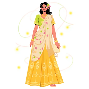 A bride wearing a vibrant lehenga that combines traditional elements of a sari. The lehenga features intricate gold embroidery and a flowing, layered design. Draped elegantly over one shoulder is a lightweight sari pallu with floral patterns in shades of pink and green. The bride's hair is styled in soft waves, adorned with fresh flowers that complement her outfit. She is holding a matching clutch, and her jewelry includes gold bangles and a statement necklace. The background consists of soft, blurred lights, enhancing the celebratory atmosphere.