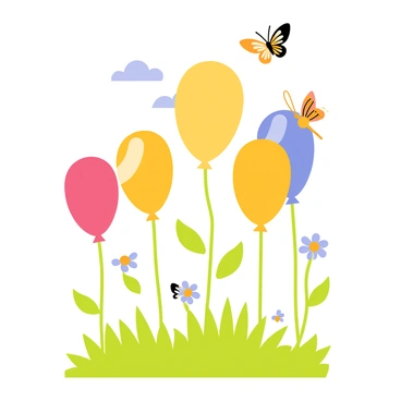 A whimsical garden filled with colorful balloons growing on tall green stems. Each balloon is in a different color, including bright red, sunny yellow, and deep blue. Delicate butterflies flutter around the balloons, with their vibrant wings showcasing patterns of orange, black, and white. The garden floor is covered in lush green grass, and a few daisies are interspersed among the balloons. The sky above is a soft shade of blue, adding to the cheerful atmosphere of the scene.