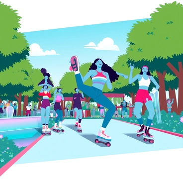 A bustling park filled with green trees and vibrant flowers. Several individuals with different skin tones are racing on roller skates along a smooth pathway. Each person is wearing colorful athletic gear, including bright tank tops and shorts, showcasing their unique styles. One skater is performing a trick, lifting one leg high while the others maintain speed, laughing and cheering. A few spectators are clapping and enjoying the lively atmosphere, while a fountain nearby adds a refreshing touch to the scene. In the background, a clear blue sky complements the energetic mood of the day.