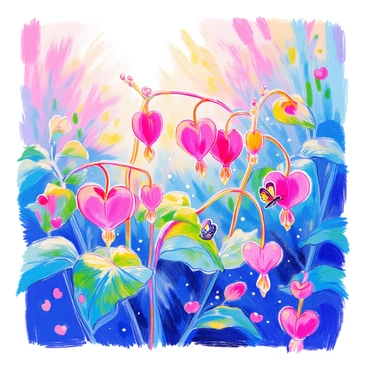A fresh morning scene features "dew drops glistening on the petals of blooming bleeding heart flowers." The flowers have vibrant pink hearts hanging from slender green stems, surrounded by lush green foliage. The sunlight filters through, creating a soft glow that highlights the delicate structure of the petals. The ground is covered with a light mist, enhancing the freshness of the morning atmosphere. A small butterfly rests gently on one of the flowers, adding a touch of movement to the tranquil scene.