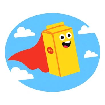 A juice box dressed as a superhero, flying through the sky with a cape and a big smile.