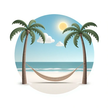 A hammock, made of woven fabric, is strung between two tall palm trees with lush green fronds. The hammock is gently swaying, inviting relaxation. The background is a serene Florida beach, with soft, white sand stretching out to meet the calm, turquoise ocean. The sky is clear with a few fluffy white clouds scattered, and the sun is shining brightly, casting warm light on the scene. In the distance, small waves lap at the shore, creating a tranquil ambiance.