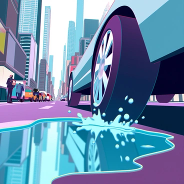 A bustling city street filled with various pedestrians and vehicles. Skyscrapers loom in the background, reflecting sunlight. In the foreground, a wet asphalt road is visible, with a large puddle forming a shallow mirror. A shiny tire of a sleek, modern car is captured mid-roll as it disturbs the puddle, sending droplets splashing outward. The water reflects the surrounding cityscape, creating a dynamic visual interaction between the tire and the puddle.