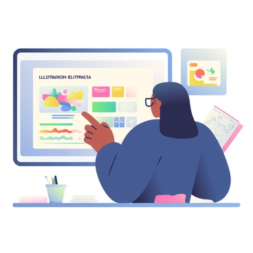 An online instructor with light brown skin and shoulder-length black hair is standing in front of a large screen. The instructor is wearing a navy blue blouse and glasses. She is pointing at the screen, which displays an illustration tutorial featuring colorful graphic elements and step-by-step instructions. To her right, a notebook with sketches is open on the desk, and a cup filled with pens is placed nearby. The environment has a neutral-colored wall behind the instructor, creating a professional setting.