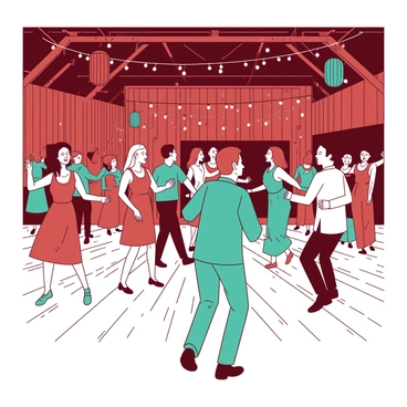 A group of people is dancing joyfully inside a rustic barn. The barn is decorated with strings of twinkling white lights hanging from the wooden beams. Colorful paper lanterns in shades of red and teal are suspended from the ceiling, adding to the festive atmosphere. The floor is made of worn wooden planks, and guests are wearing a mix of casual and semi-formal attire. Some people are holding drinks and laughing, while others are caught mid-dance, showcasing a variety of joyful movements. The scene captures the energy and excitement of the celebration.