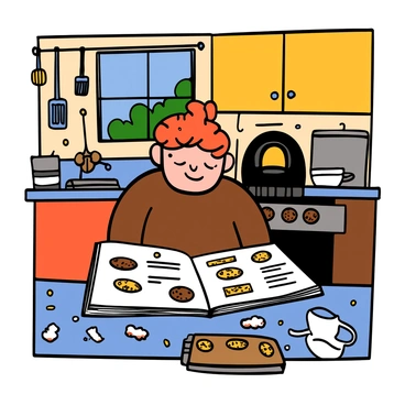 A young boy with light skin and messy red hair is standing in a cozy kitchen filled with warm colors. He is wearing a brown sweater and blue jeans. He is focused on a large open cookbook placed on the countertop in front of him, which has colorful illustrations of cookie recipes. Flour is scattered around him, and there are cookie dough pieces on a baking sheet nearby. The kitchen is adorned with wooden cabinets, hanging utensils, and a window showing a glimpse of the garden outside. A warm oven is in the background, adding to the homely atmosphere.