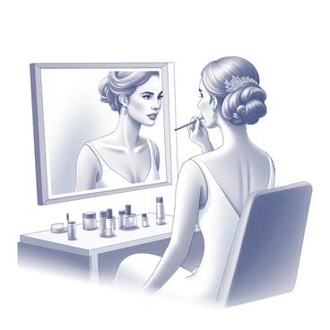 A bride sitting elegantly in front of a mirror. A makeup artist is applying lipstick to her lips with a brush. The bride has her hair styled in soft curls, adorned with delicate accessories. The background features a vanity table with various makeup products neatly arranged. The lighting is gentle, illuminating her face with a warm glow.