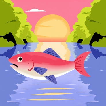 A solitary piranha with sharp teeth is swimming gracefully through a river. The water is clear, showing the piranha's shimmering scales, which are a mix of deep red and silver. The river reflects the vibrant colors of a sunset, casting shades of orange, pink, and purple across the surface of the water. Silhouettes of lush green trees line the riverbanks, framing the scene on both sides. The sun is low on the horizon, creating a warm glow that highlights the piranha's movement.
