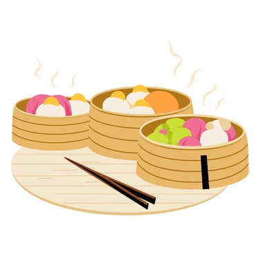 A selection of dim sum dishes arranged in bamboo steamers. The steamers are round and stacked neatly on a rustic wooden table. Each steamer contains various types of dim sum, including dumplings with pink and white skins, buns with golden brown tops, and small flat cakes with vibrant green fillings. A pair of wooden chopsticks rests beside the steamers, and droplets of steam can be seen rising from the containers, indicating warmth.