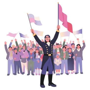 A man resembling "Sam Houston" is standing tall, holding a large "Texan flag" in his right hand, waving it proudly. He has long, curly dark hair and is wearing a historical military uniform featuring a dark blue coat with gold accents. The background is filled with a "cheering crowd" of diverse people, some raising their arms in excitement. Various flags and banners can be seen in the crowd, creating a festive atmosphere. The scene captures a sense of pride and celebration as "Sam Houston" stands at the forefront, with a determined expression on his face.