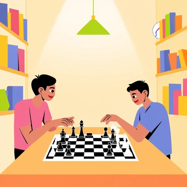 Two players are seated at a wooden table, deeply focused on a chessboard between them. The chessboard features alternating dark and light squares, with intricately designed black and white pieces positioned strategically. A single overhead light casts a warm, soft glow over the board, highlighting the players' intense expressions. The walls of the room are lined with bookshelves filled with various books, and a small clock is visible on the table, ticking softly in the background.