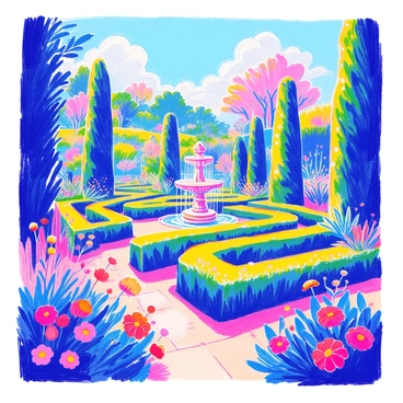 An intricate hedge maze is located within a lush garden. The maze features tall, meticulously trimmed green hedges that create winding pathways. At the center of the maze, there is a beautiful fountain with ornate details. The fountain has water cascading down from a decorative spout into a circular basin below. Surrounding the maze, vibrant flowers bloom in various colors, adding to the visual richness of the garden. The sky above is clear, allowing sunlight to illuminate the scene.
