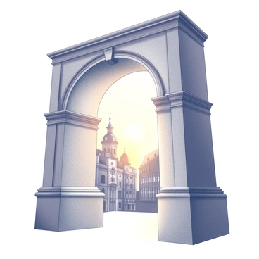 An archway constructed from stone stands prominently in the foreground. Its intricate detailing includes carvings and textures, adding depth to the structure. Through the archway, a view reveals historic city architecture characterized by tall buildings with ornate facades and intricate windows. The warm light of the setting sun creates elongated shadows and highlights the textures of the architecture. The scene conveys a sense of depth and perspective, with the archway guiding the viewer's eye towards the captivating cityscape beyond.