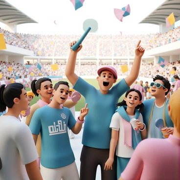 A group of four friends, two men and two women, are standing in a crowded stadium, cheering enthusiastically for their team. One man, wearing a blue jersey with the team logo, is holding a foam finger and yelling with excitement. The second man, dressed in a red cap and a matching t-shirt, is raising his arms in celebration. One woman has her hair tied in a ponytail and is wearing a scarf in the team's colors, while the other woman is wearing sunglasses and holding a drink. They are all smiling and looking towards the field, surrounded by a sea of fans waving flags and banners. The atmosphere is vibrant with colorful team merchandise scattered throughout the crowd.