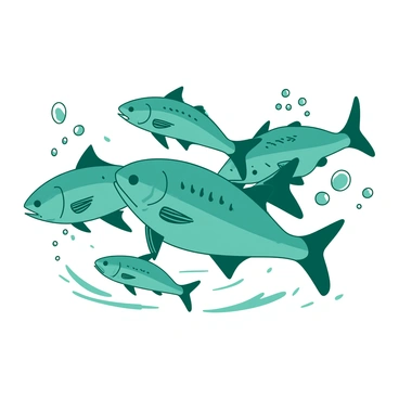 A teal family of herring is swimming together in a dynamic formation, their bodies glistening under the water. The herring are playfully darting around each other, creating ripples in the surrounding water. Tiny bubbles are rising to the surface around them, adding movement to the scene. Some of the herring are slightly larger, likely parents, while the smaller ones swim closely behind, showcasing their close-knit bond.