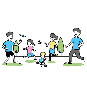 A family in a backyard, participating in various sports activities. On one side, a father is throwing a frisbee to his son, who is wearing a blue t-shirt and running towards it. Nearby, a mother is watching her daughter, who is practicing her soccer skills, wearing a pink jersey and kicking a ball. In the corner, a young child is attempting to ride a small bicycle, wearing a yellow helmet. The scene is filled with green grass and a few trees in the background.