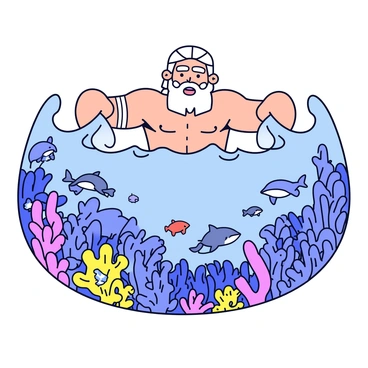 Poseidon is depicted as a powerful figure with a flowing beard and long hair, his muscular form emerging from the ocean. He is parting a curtain of waves with his strong arms, revealing a vibrant underwater world filled with colorful coral reefs and various marine life. Schools of fish, sea turtles, and an elegant dolphin can be seen amidst the coral, all illuminated by shafts of light filtering down from the surface. The water around Poseidon is animated, swirling with movement, while the hidden world beyond is teeming with life and detail.