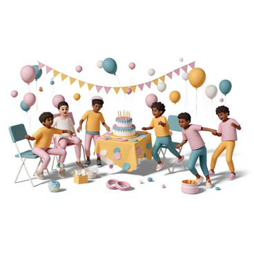 A colorful backyard filled with decorations for a birthday party. Numerous "balloons" in various bright colors are tied to chairs and scattered around. A large "cake" with multiple layers, decorated with icing and candles, is placed on a table covered with a cheerful tablecloth. Several "children" are playing games, such as a ring toss and a sack race. The children are laughing and smiling, dressed in vibrant party outfits, creating a lively and festive atmosphere.