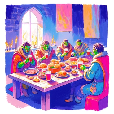A group of orcs is gathered around a long wooden table in a grand hall. The table is laden with an abundant feast, featuring roasted meats, large bowls of vegetables, and various types of bread. Goblets filled with dark ale are scattered across the table. The orcs, with green skin and tusks, are dressed in rugged leather armor. They are laughing and sharing stories, some raising their goblets in celebration. The hall has high stone walls adorned with banners and flickering torches casting a warm glow over the scene.