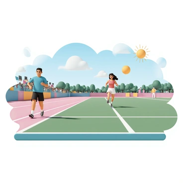 A vibrant sports field with a lush green turf. On the left side, a male athlete, wearing a blue jersey and black shorts, is sprinting towards the finish line, his expression focused and determined. On the right side, a female athlete, dressed in a red tank top and white shorts, is preparing for a long jump, poised to take off with her foot firmly behind the take-off board. In the background, spectators are cheering, and colorful banners are displayed along the sidelines. The sky is clear, with the sun shining brightly overhead, creating a lively atmosphere for the competition.