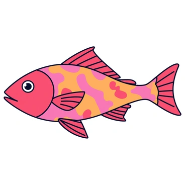 A red snapper fish with a streamlined body and a large, triangular head. The skin of the fish exhibits intricate patterns featuring vibrant shades of red and subtle hints of orange. Each scale reflects light, showcasing a glossy texture. The fins are gracefully extended, displaying delicate patterns that mimic the design found on the body. The eye is large and expressive, with a dark pupil and a reflective surface. The fish is positioned against a simple, light background to emphasize its detailed patterns and colors.