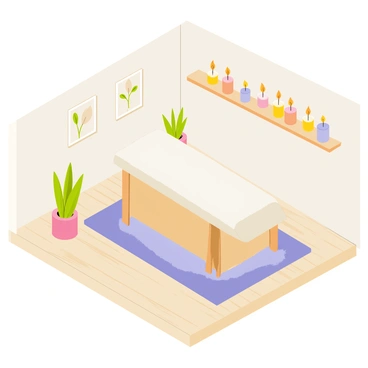 An isometric view of a spa room with light wooden flooring. The room includes a massage table with a white sheet neatly draped over it, situated in the center. Several small candles on wooden shelves emit a soft glow. The walls are adorned with calming decor, including potted green plants and framed nature prints. A plush rug in soft colors lies beneath the massage table, enhancing the atmosphere of relaxation.