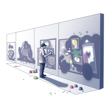 A large wall in an urban environment covered with a series of graffiti artworks that change progressively from left to right. The first section features abstract patterns with bold shapes, while the subsequent sections evolve into more complex images, showcasing vibrant themes. An artist stands at the center of the scene, mid-action with a spray can in hand, focusing intently on adding the finishing touches to the latest piece. The artist wears a cap and a paint-splattered shirt, surrounded by several empty spray paint cans and an assortment of stencils. The ground is littered with colorful caps and paint drips that have fallen from the wall.