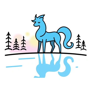 A blue Suicune stands on the edge of a perfectly still lake. Its long, flowing mane is reflected in the water, creating a mirror image of itself. The surface of the lake shows a clear and sharp reflection of Suicune’s elegant shape and markings. Surrounding the lake, there are tall, thin trees that add a sense of calm to the scene. The sky above is a soft gradient of colors, hinting at either dawn or dusk.