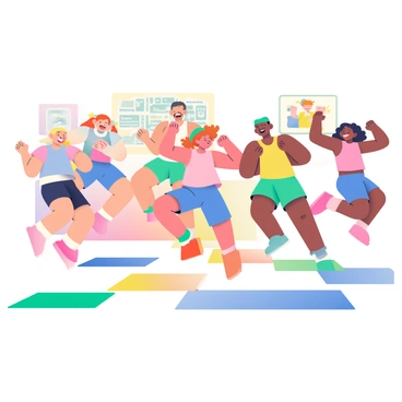 A lively children's aerobics class features a diverse group of children energetically jumping and laughing. There are five children, each with different hair colors: one with blonde hair, one with brown hair, one with red hair, one with black hair, and one with curly hair. They are dressed in bright, colorful athletic wear, including t-shirts and shorts in shades of blue, pink, and yellow. The children are mid-jump, with big smiles on their faces, showcasing their excitement. In the background, there are vibrant exercise mats in various colors spread across the floor, and cartoonish motivational posters are hung on the walls. A lively instructor with short hair and a bright tank top is leading the class, demonstrating a fun jump that the children are eagerly mimicking.