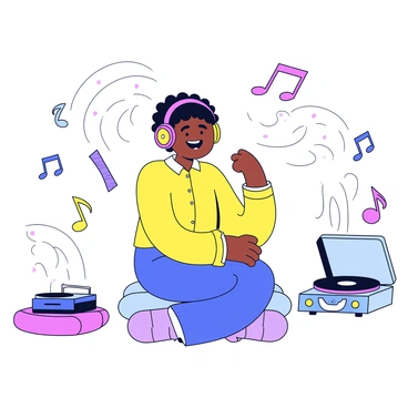 A person with short curly hair is sitting on a comfortable floor cushion. They are wearing colorful headphones that cover their ears. Surrounding them are various musical notes in different sizes, floating in the air. Nearby, there is a smartphone, a portable speaker, and a vintage record player, each emitting lines that represent sound waves. The person has a joyful smile, clearly immersed in the music.