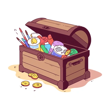 A wooden treasure chest with a slightly open lid is overflowing with various art supplies and shiny coins. The chest is situated on a sandy surface, with colorful paintbrushes, vibrant tubes of paint, and sketchbooks spilling out. Among the art supplies, gold and silver coins are scattered, catching the light. The coins are a mix of different sizes, glimmering alongside the bright colors of the art materials.