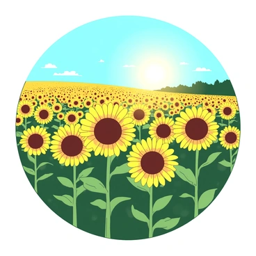 A large field of vibrant yellow sunflowers stands tall under the bright golden morning sun. The flowers are oriented towards the sunlight, their large heads turned up, creating a striking contrast against the clear blue sky. In the foreground, several sunflowers are in full bloom, showcasing their intricate petals and dark centers. In the background, rows of sunflowers stretch far into the horizon, creating a sense of depth and vastness in the scene. The sun casts a warm glow over the entire field, enhancing the vivid colors of the sunflowers.