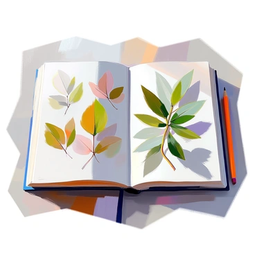 A botanical sketchbook opened to reveal a page filled with intricate illustrations of various leaves. Each leaf is meticulously drawn, showcasing a range of shapes and textures, from broad, smooth-edged leaves to slender, pointed ones. Some leaves display fine veining, while others have a waxy sheen. The page is slightly curled at the corners, and a pencil rests beside the sketchbook, indicating recent use. The background features hints of a desk surface, adding context to the scene.